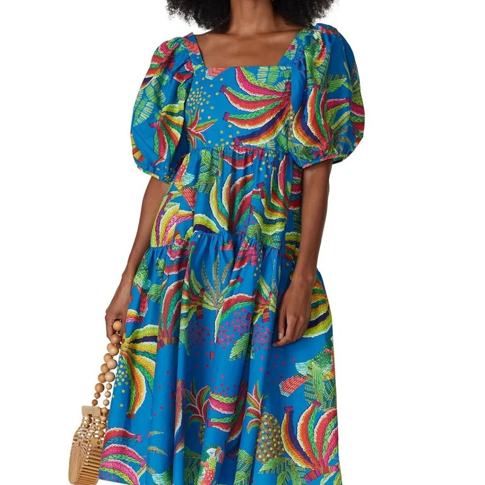 Farm Rio Blue Bananas Tropical Blue Puff Sleeve Midi Dress Size M